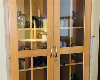 WOOD STORAGE CABINET WITH GLASS FRONT PANELS $120.00
