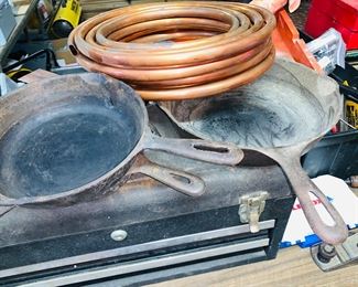 CAST IRON SKILLETS, COPPER, TOOL BOXES LOADED WITH HAND TOOLS