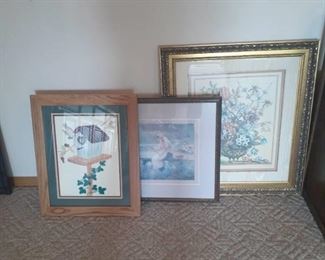 Framed wall decor. Largest is 31x27