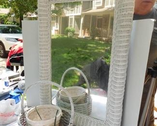 Wicker Framed Mirror  & Planter Baskets