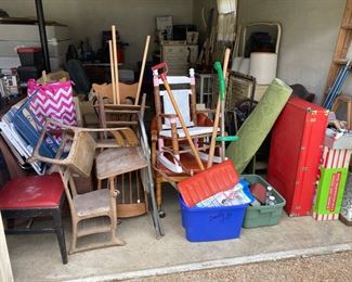 Antique child’s desk , foot locker, etc 