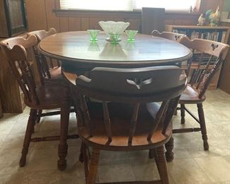 1960’s • Solid Rock Maple • Oval •
Dining Table • Four Side & Two Captain’s Chairs • Luxury Vinyl Wood Grain Laminate Top • 39” x 56” (extends to 68” with one leaf) • $375 set