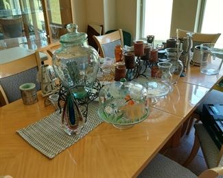 Italian lacquer dining room table and 8 chairs, candles and miscellaneous dishes