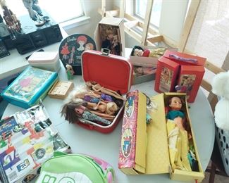 vintage Barbie dolls and cases, Crispy doll and friends with case, leap frog