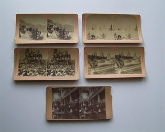 Lot 018   1901 5 Stereo views of The Pan-American Exposition includes President McKinley reviewing the Troops, McKinley's Fair opening oratory with a huge crowd, 2 of the Fair Fountains and the Buffalo Chamber of Commerce display.  Cond:  Light toning overall, 1 view has edge chips.  Est. $75-100.