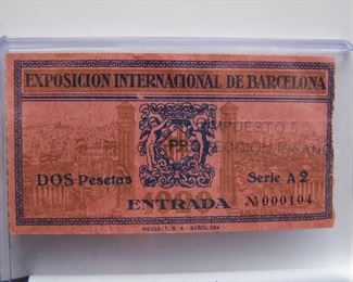 Lot 029   1929 Ticket to "The International Exposition Barcelona", ticket #000104, this Exposition was from 1929 to 1930 in Spain, 3 1/2" x 2".  Cond:  Ticket is used and has minor wear.  Est. $20-40.