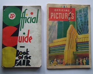 Lot 032   1933 2 World's Fair books including "Official Pictures of a Century of Progress Exposition", 64 pages, fully illustrated, 7" x 10". Also the "Official Guide Book of the Fair", 194 pages, heavily illustrated w/advertising in front and back, 6" x 9 1/4". Cond:  Both books have moderate wear with one having a degraded rubber band piece stuck to the upper cover.  Est. $50-70. Note: See Lot #30 for photos of the "Official Guide Book of the Fair".