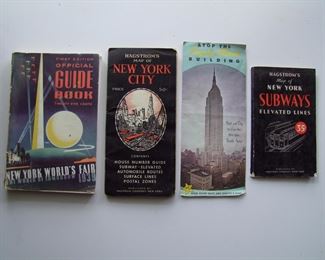 Lot 038    1939 4 pc. New York World's Fair collectors lot includes: "First Edition, Official Guide Book", Hagstron's Map of New York City, Hagstroms Map of New York's Subways and Elevated Lines, Atop the Empire State Building souvenir guide, various sizes.         Cond:  The guide book has moderate edge wear, the maps, etc. have minor wear.  Est. $70-100.