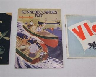 Lot 041   3 Early 20th C. Canoe and Kayak catalogs includes: 1927 Kennebec Canoe catalog, 23 pages, 7 x 9 ½” h. – 1939 Visby French Kayak catalog, 12 pages, 9 ½ x 7” h. and a 1938 Pionier Faltboot Werf German Kayak catalog, 47 pages, 6 x 8 /4” h.  Cond:  The 1927 catalog has very minor wear.  The Visby catalog has light creases on cover.  The German catalog has 2 corner losses.          Est. $50-80.