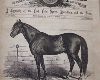 Lot 046   1876 Lg. folio album of “Spirit of the Times” magazines, primarily horse racing ads, info and records, from February 1876 through August 1876 also includes a June 1879 unbound issue, 11 ½ x16” h.  Cond:  Heavy wear to the cover, plus a few loose pages with some having small tears.  Est. $75-125.