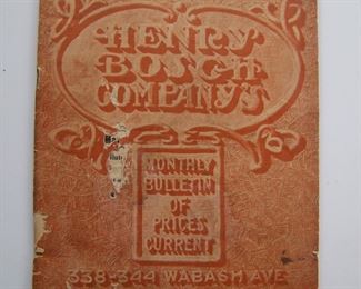 Lot 061   1906 "Henry Bosch Co." Catalog of Interior Decorative Supplies, 80 pages.  Includes fancy moldings, window shades, paints, varnishes, equipment and etc., full illustrated, 6 3/4" x 9 1/2" h.  Cond:  Moderate wear with small area of insect loss on cover and spine.  Est. $30-60.