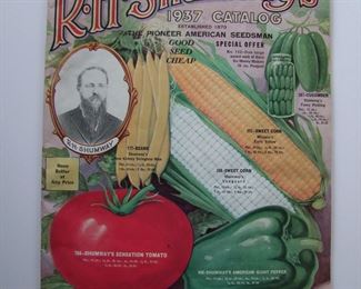 Lot 064   1937 "R. H. Shumway's" Seed Catalog, 92 pages.  Full color cover, B&W fully illustrated interior of seeds for vegetables, fruit, flowers and shrubs, includes original order sheets, 10 1/2" x 13" h.  Cond:  Minor wear, cover has bright colors.  Est. $40-60.