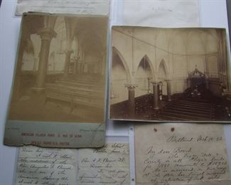 Lot 066  Documents and Photos related to Rev. Augustus Beard, DD, NY.  Dr. Beard was pastor of the "American Church", in Paris France from 1883-1885 and Vice-President of the American Missionary Assoc. in 1880.  Documents include a dated 1841 Membership for the American Board of Commissioners for Foreign Missions, Mid 19th C. portrait engravings, letters, church pamphlets, photos of the American Church in Paris, letters to family members and their photos.  15+ pieces all sleeved and in a 3 ring binder..  Cond:  Most documents in good cond. with a few having creases from mailing.  The large photo included has bottom edge losses.  Est. $50-100. 