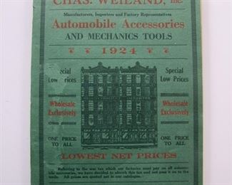 Lot 067    1924 "Chas Weiland, Inc." Automobile Accessories Catalog. Approx.152 pages.  Also includes internal supplements 1 thru 5. Extensive list and illustrations of tools and equipment for early autos, 6 1/4" x 9 1/4" h.  Cond.  Minor wear with small losses at top and bottom of spine, a few loose pages at the back of the catalog.   Est. $40-60.