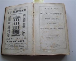 Lot 074    1866-67 "Williams, Fort Wayne Directory", Indiana,106 pages. Lg. group of business ads w/illustrations, repaired spine, 6" x 81/2" h.  Cond:  Moderate wear to the cover w/clean interior.  Est. $30-50.