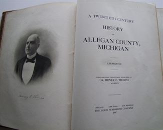 Lot 077   1907 "History of Allegan County, Michigan", 655 pages.  Illustrated w/important buildings and people, detailed with statistics, leather covers, spine repaired, 8" x 11" h.  Cond:  Moderate wear w/worn cover corners, interior in good cond.  Est. $40-80.