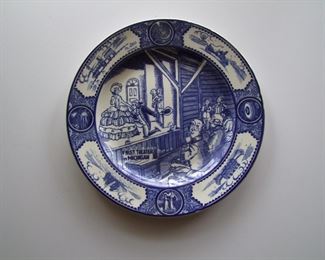 Lot 078   1930's "Spode" Blue Transfer ware Plate, produced for J.L. Hudson Co., this 11" dia. plate has a blue transfer printed scene of the 1st Theater in Michigan in Colonial Times.    Cond:   No chips or cracks. Est. $30-60. 