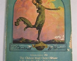 Lot 085   1923 Montgomery Ward & Company catalog # 98,   50th Year Anniversary, 567 pages,     9 ½ x 13 ¼” h.  Cond:  Moderate wear w/small areas of insect damage on edge.  Est. $75-125.