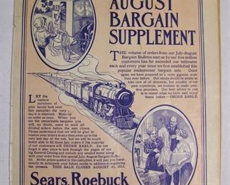 Lot 083   1912 Sears Roebuck and Co. “July-August Bargain Supplement”, 81 pages, 8 ½ x 10 ¾” h.      Cond:  Minor wear overall.          Est. $50-70.