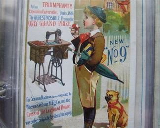 Lot 092   C/1895 - 1905 36 Victorian Trade Cards from Various Sewing Machine Makers. Includes a Lg. group showing foreign country use of the Singer Sewing Machines. Sizes range from 2 3/4" X 4 1/4"  to  5" X 7".     Cond: Most in excellent shape with a few showing scrap book remnants on the backs.    Est.  $60-80   Note: All are sleeved in a binder.