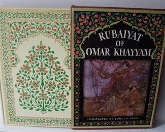 Lot 097    1937 “Rubaiyat of Omar Khayyam”, illustrated by Edmund Dulac (French-British Illustrator, 1882-1953), with slip case, 198 pages, 7 1/4" x 9 3/4".  Cond:  Slip case has minor edge wear w/book in near mint cond.  Est. $75-125.