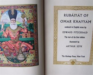 Lot 099   1946 “Rubaiyat of Omar Khayyam”, Heritage Press, illustrated by Arthur Szyk (Polish Illustrator, 1894-1951) with slip case, approx. 120 pages, 9 1/2" x 11 /2".  Cond:  Minor wear to the slip case, book near mint.  Est. $75-125.