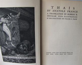 Lot 100   1926 “Thais” by Anatole France, illustrated by Frank C. Pape (English Illustrator, 1878-1972), 120 pages, 8 3/4" x 12".        Cond:  Minor wear to the cover, interior near mint.  Est. $60-100.