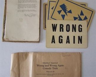 Lot 110   1950’s Schreiber’s Improved “Wrong and Wrong Again Comedy Trick” w/sleeve, plus a packet of various trick illustrations from Harlan Tarbell (the Tarbell System, Chicago), 8" x 10".  Cond: Sleeves have moderate wear and one has small losses and a stain.  Est. $40-60.