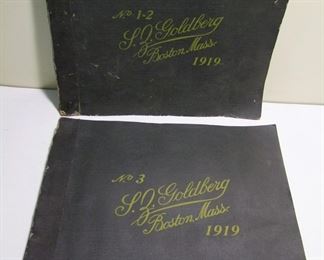 Lot 117    2-1919 Wallpaper Sample catalogs from Goldberg, Boston, Mass., includes matching border trims, approx. 200 pages each, 18 ½ x 15” h.  Cond:  Covers show minor wear overall w/one having small loss in upper left corner.  Contents are complete with a few damaged sheets in one.  Est. $100-150.