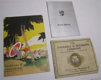 Lot 119   3 pc. Furnishings catalogs includes: Zangerle & Peterson Company, Chicago. IL, 12 pages, 11 ¾ x 9 ½” - C/1920 Norwegian Lighting catalog from Krone-Smien, 36 pages, 8 ¼ x 13 ¾” and 1926 Furnishing and Fashion catalog from Newcomb-Endicott Co., 34 pages, 11 x16” h.  Cond:  Zangerle catalog has moderate cover wear w/some corner loss and a loose interior.  The Krone catalog has minor wear.  The Newcomb catalog has a heavy horizontal fold and moderate wear overall.  Est. $50-70.