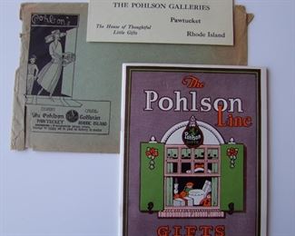 Lot 121   C/1930's "The Pohlson Line" Novelty Gift Catalog, 66 pages.  Includes mailing sleeve and return envelope for order sheets inside catalog (center).  Catalog has lots of small female related materials and Kewpie dolls.  6" x 9" h.  Cond:  Mailing sleeve has moderate wear and some edge losses, the catalog is near mint.  Est. $30-50.