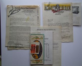 Lot 123   1928, 1929 and 1932 groups of mailed promotions for various businesses.  Includes 1929 letter and brochure from Frank Davis Fish Company for fresh packed fish and lobster.  1928 O.Y. Bartholomew Company for Aquariums and a 1932 letter, price list and samples from the American Decalcomania Co. promoting decals for manufacturing products (Examples included), various sizes.  Cond:  Mostly in good condition, some have minor wear and creases from mailing.  Est. $30-50.