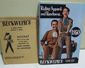 Lot 130   1950 Riding Apparel and Ranch Wear from “Beckwith’s”, includes mailing sleeve, 96 pages, 4 ¾ x 7” h.  Cond:  Sleeve has minor wear, catalog in excellent condition.  Est. $25-35.
