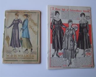 Lot 136   1915 & 1916 "W&H Walker" Ladies Fashion Catalogs including Spring Styles", 96 pages, 5 1/2" x 8" h., cover dislodged. Plus a 1916 partial "Perry, Dame & Co. Clothing" catalog, pages 3 thru 34. 7 1/4" x 9 1/2" h., 2 color.  Cond:  The 1915 catalog has minor wear and toning with small corner losses.  The 1916 catalog is missing it's cover.  Est. $30-60.