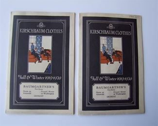 Lot 140   2-1919/20 "Kirschbaun Clothes" clothes catalogs, 16 pages.  Large full-color styles of the Flapper period (from Detroit), 5 1/4" x 8"h.  Cond:  Both catalogs have minor wear.  Est. $50-70.