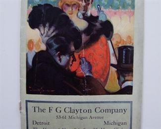 Lot 144    1919/20 "Hart Schaffner & Marx" Clothing style book for Men and Boys in the Fall and Winter Season, 32 pages, Color cover only, has Michigan Ave., Detroit address, 5 1/2" x 7" h.    Cond:  Minor wear with a light vertical center crease.  Est. $30-50.