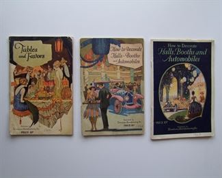 Lot 162      1922, 23, & 27 Dennison Manufacturing Co. catalogs and Illustrations for Decorating with paper decorations, 34-40 pages each.  Includes halls, booths, automobiles, tables and favors, all 5 1/2" x 8 1/4" h., B&W.  Cond:  1922 and 23 catalogs have minor wear, the 1927 catalog is near mint.  Est. $40-60.