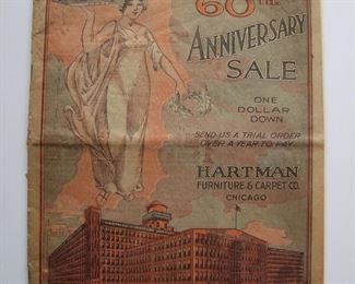 Lot 163    1915 Hartman Furniture & Carpet Company Catalog, 48 pages.  2-color printing, fully illustrated with the latest furniture, etc., 8" x 10 3/4" h.  Cond:  Catalog has a horizontal crease from mailing with minor wear and light toning.  Est. $30-40