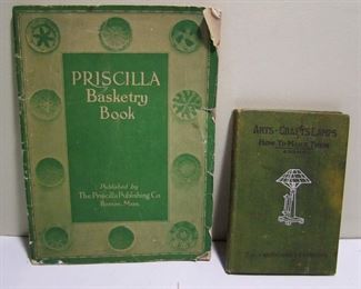 Lot 172    2 pc. Lot on Basketry and Lamp Making includes: 1911 softbound “Priscilla Basketry Book”, 48 pages, 7 ¾ x 10 ½” h. and 1911 hardbound “Arts-Crafts Lamps” by John D. Adams, 87 pages, 4 ¾ x 6 ¾” h.  Cond:  1911 lamp book has moderate wear.  The basketry book has moderate wear with toning overall and corner losses.  Est. $60-80.