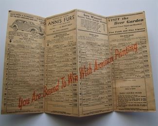 Lot 180   1938 Fold-out Horse Race Betting Form from the Detroit Racing Association, 2 sided w/ads, 10" x 15 1/2" h.  Cond:  Minor wear with some toning overall, betting chart has pencil marks from prior races.    Est. $20-30
