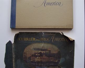 Lot 182      1952 "Currier and Ives America" lg. book, approx. 90 pages.  Lg. book w/80 prints in full color, hard cover, has partial slip cover.  Filled with The Classic 19th C. tinted Lithographs that defined America, 12" x 16" h.  Cond:  Cover has a dirty top edge, interior complete and in excellent condition.  Est. $40-60.