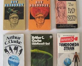 Lot 185     6-1960’s/70’s Sci-Fi paperbacks includes Arthur C. Clarke, Ray Bradbury, etc.  Cond:  Most paperbacks in good condition.  The Bad Seed has some spine damage.  Est. $30-50.