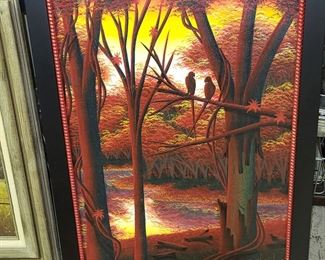 painting acrylic on canvas, Ruby tinted forest with birds artist signed by Carlos Junio