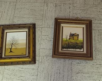 Right - oil on canvas lone farmhouse with fence and water signed by artist Girard
Left - oil on panel tree on gold ground