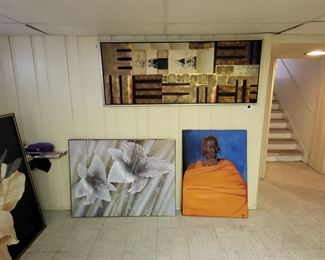 left - painting airbrush on canvas large scale impressionist flowers signed by artist Lillian Rogers Top - painting oil on canvas large scale geometric abstraction artist signed by Nathan