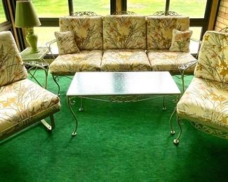 Vintage wrought iron Woodard patio set, original cushions