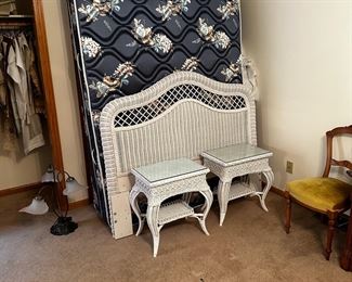 Queen sized wicker, headboard two side, tables, mattress, and box spring
