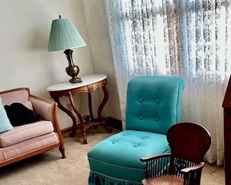 Pair of Victorian, oval tables, tufted, blue slipper, chair, antique, child’s rocker