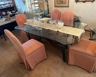 Glass and metal dining room table 6 upholstered chairs