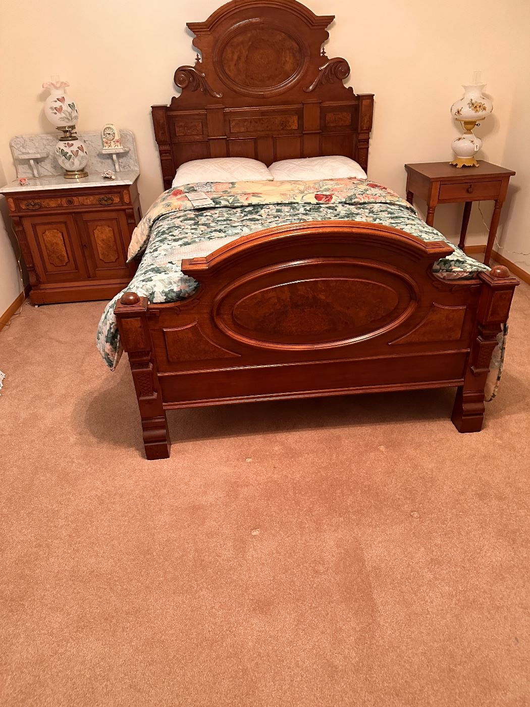 Victorian high back full size bed 
Marble top commode side 
Beautiful hurricane lamps 
